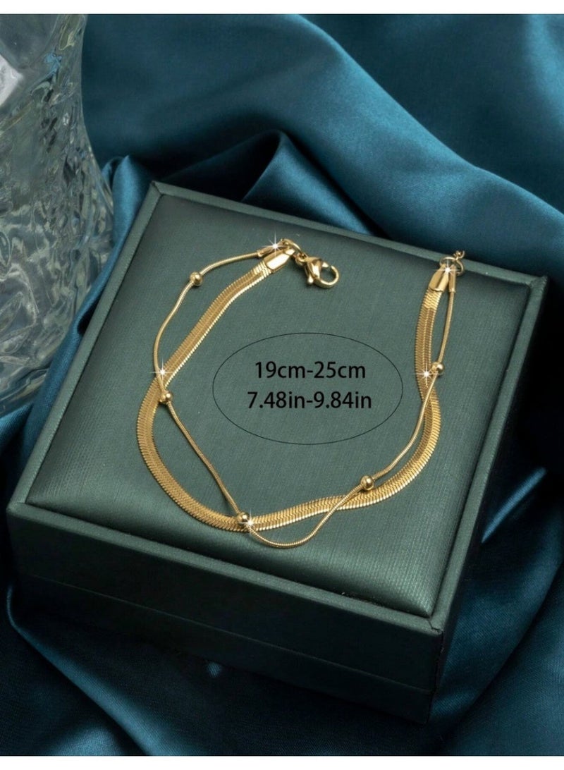 veya A Modern Double-Layer Stainless Steel Anklet, 18K Gold Plated And Decorated With Elegant Metal Beads. - Image 2